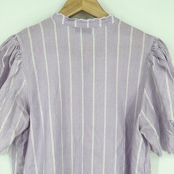 Tuckernuck LANHTROPY 100% Linen Scallop Blouse Striped Puff Sleeve Shirt Top - Picture 11 of 15
